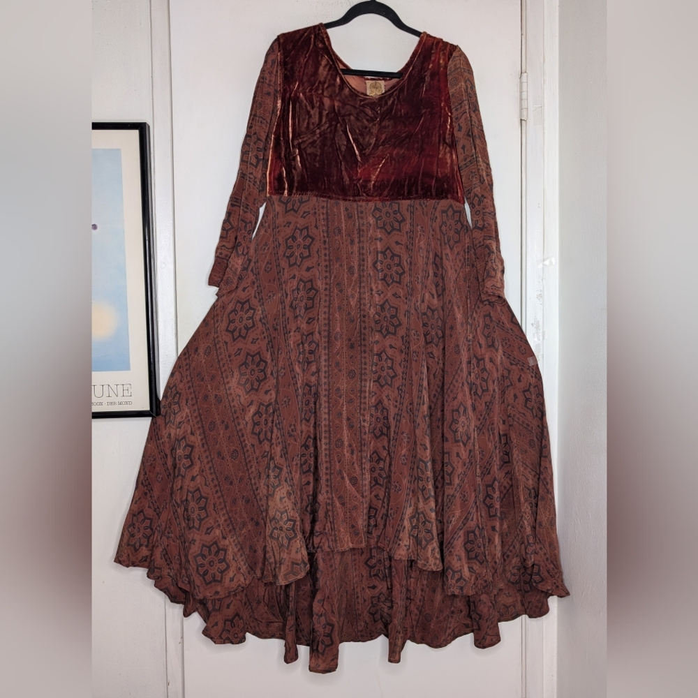 Vintage URU Midsummer Silk Velvet Asymmetrical High Low Long Sleeve Dress , Rust